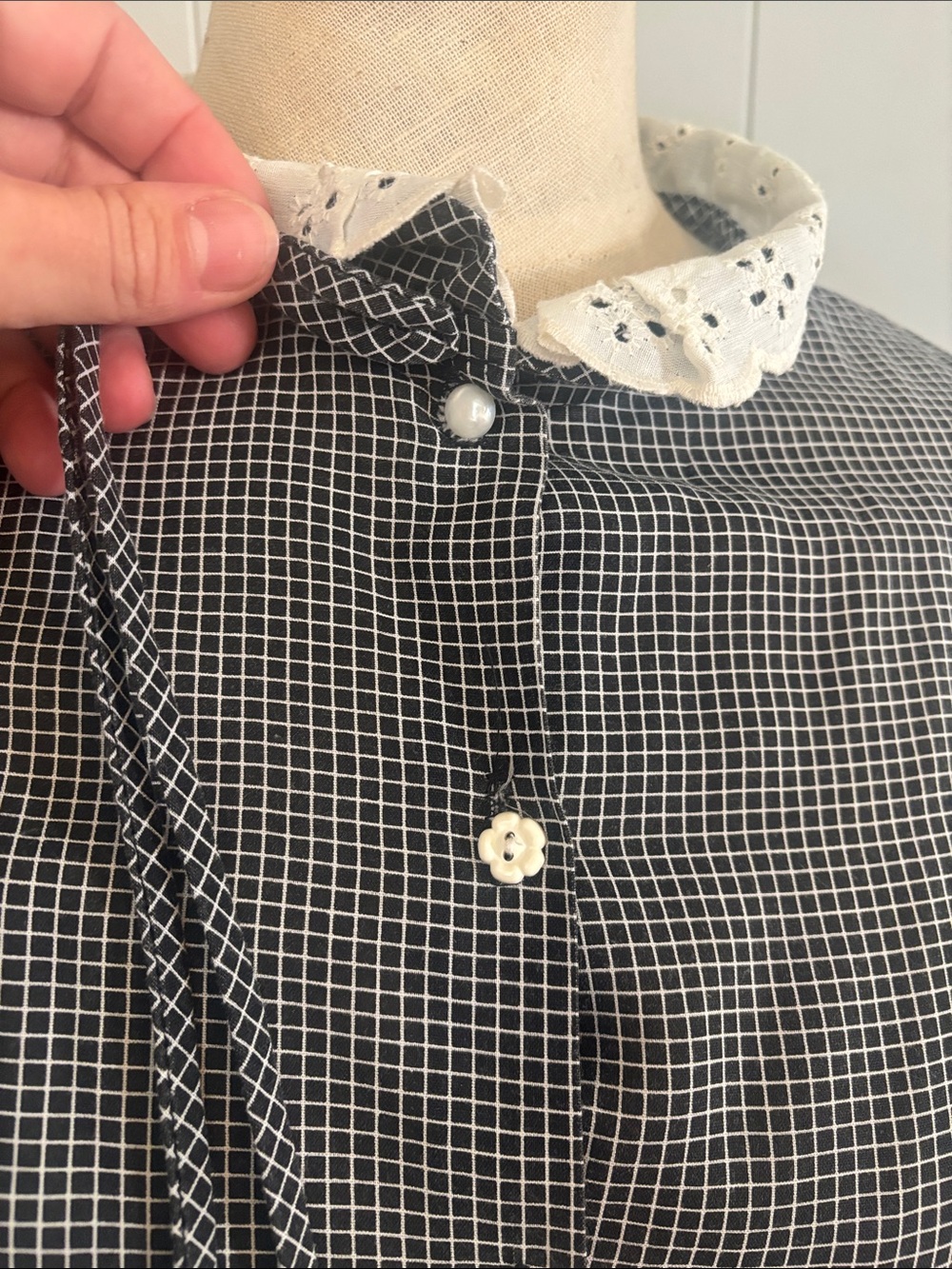 Vintage Soho MFG Medium Black White Check Prairie Ruffle Eyelet Blouse - Picture 2 of 5